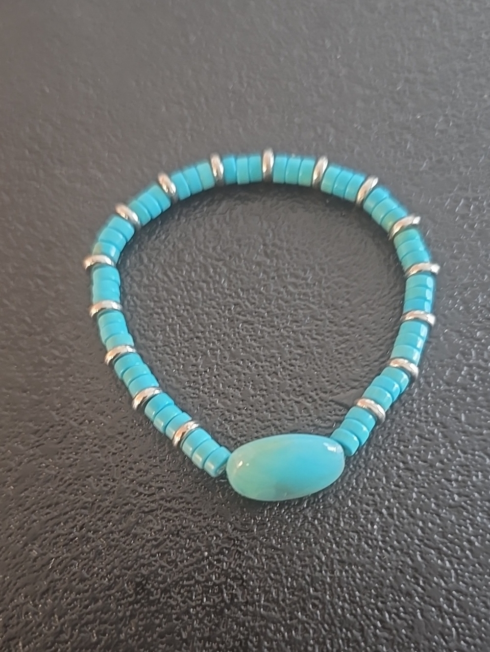 Turquoise Bead Stretch Bracelet with Silver Accents - Women Jewelry
